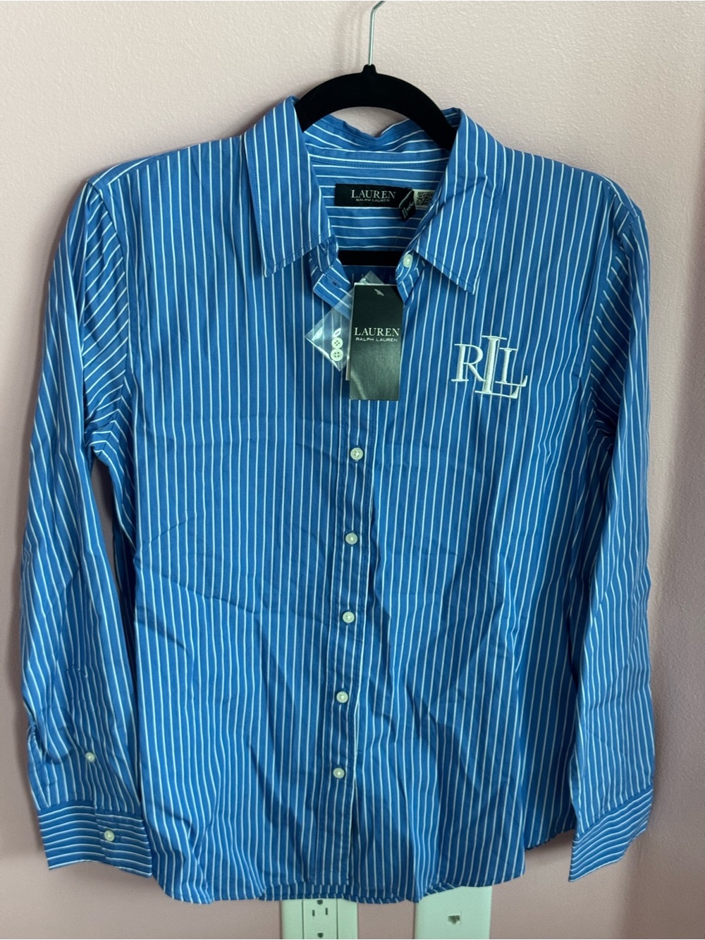 Lauren Ralph Lauren Womens M Blue White Stripe Button Down Shirt RLL Monogram